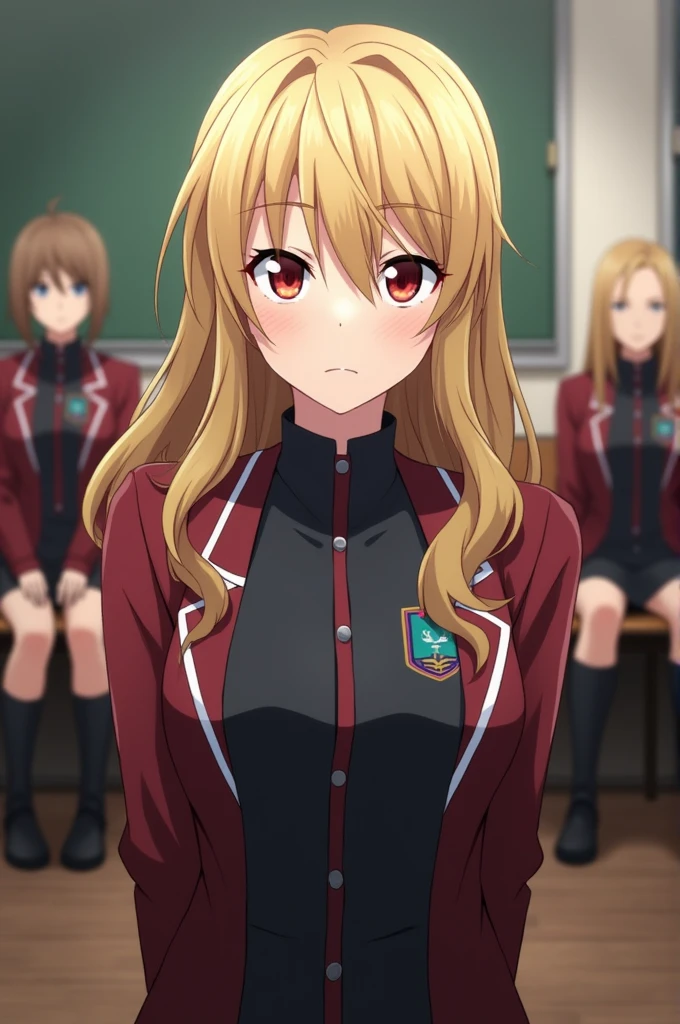 Screenshot My hero academia, girl with long wavy blonde hair with bangs, has red eyes, and has a serious expression, He is wearing the U uniform.A. and in the background there is a school class from the U.A. sitting on a bench