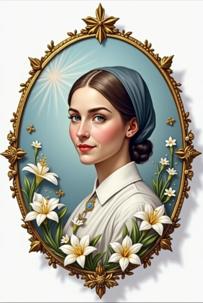 
Badge of Saint Florence Nightingale in the form of three points at the top and bottom oval and gold edges and a photo of her in the center 1. **Nursing lamp**: Represents light 2. **flores** and petals : . We could include lilies or other plants 4. **Star or cross**: To symbolize medical care and commitment to health. 5. **colors**: Soft tones like light blue (representing calm and confidence) and the white (which symbolizes purity and attention).