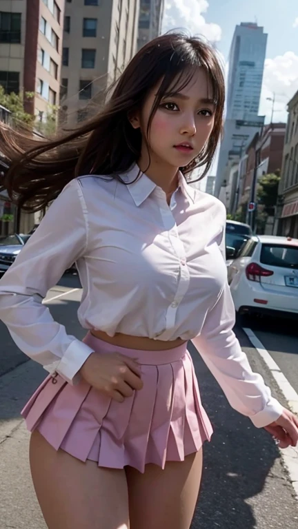 Giantess wearing white lace panties, Pleated mini skirt, Pink Shirt, Smashing through city buildings and cars, Smoke rising, cloud, evil, Realistic lighting, High Jump, Under,Attack on Titan、