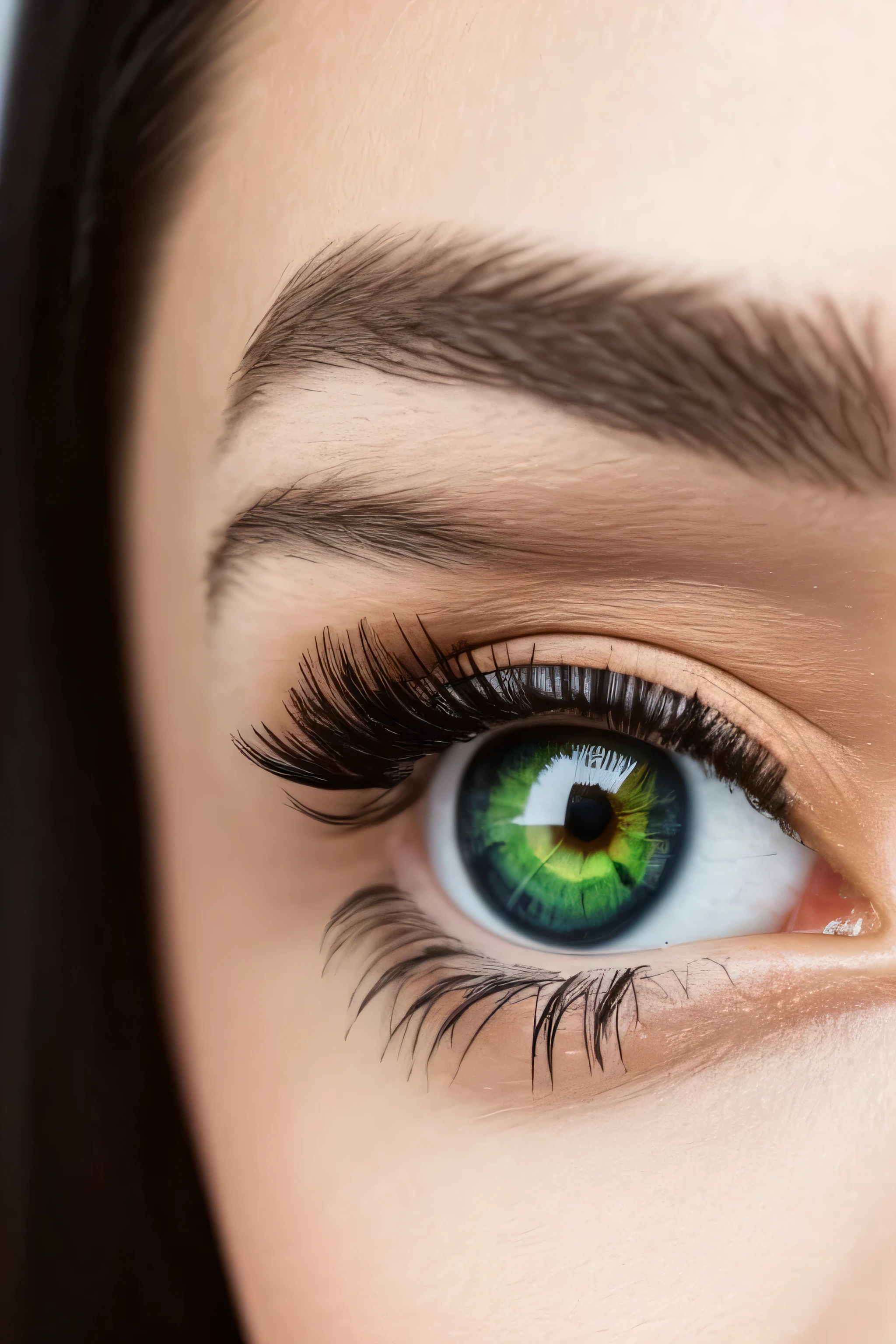 The image shows a close-up of a person's face, focusing on the eyes and forehead. The person has striking green eyes with long eyelashes and well-defined eyebrows. Their skin appears smooth and has a warm tone. The hair is dark and wet, with strands falling across the forehead and partially covering the eyes. The background is dark, which makes the features stand out prominently.