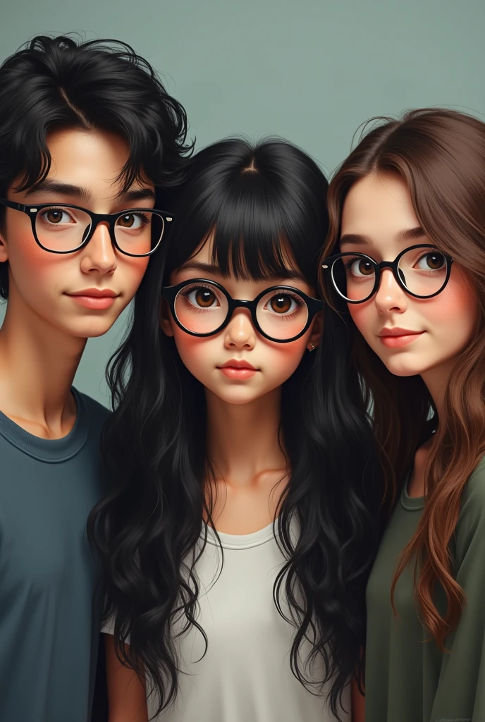the first girl: white teenager with black glasses, Long wavy dark hair with long bangs.
The second boy: white teenager short dark hair with glasses the third girl: White teenager long brown hair with micro bangs and glasses
