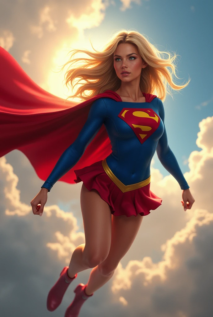 Supergirl Kara Zor El blonde flying backwards in mini skirt and thong