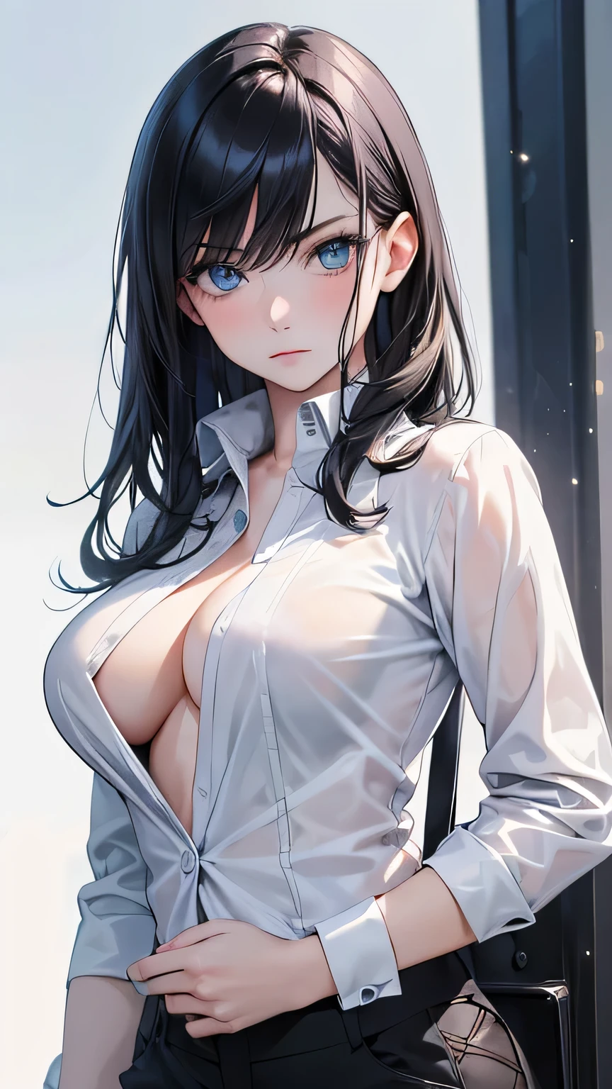 (Highest quality)), Ultra-high resolution,Adult women, alone, sexy, (Serious expression), (Blue eyes), Beautiful and symmetrical face, (Black cut medium hair),White shirt with loose buttons,Black suit pants,Realistic:1.4,Realistic:1.4,Night Alley,(masterpiece:1.2),Perfect Eyes,Perfect Eyes,Ample breasts