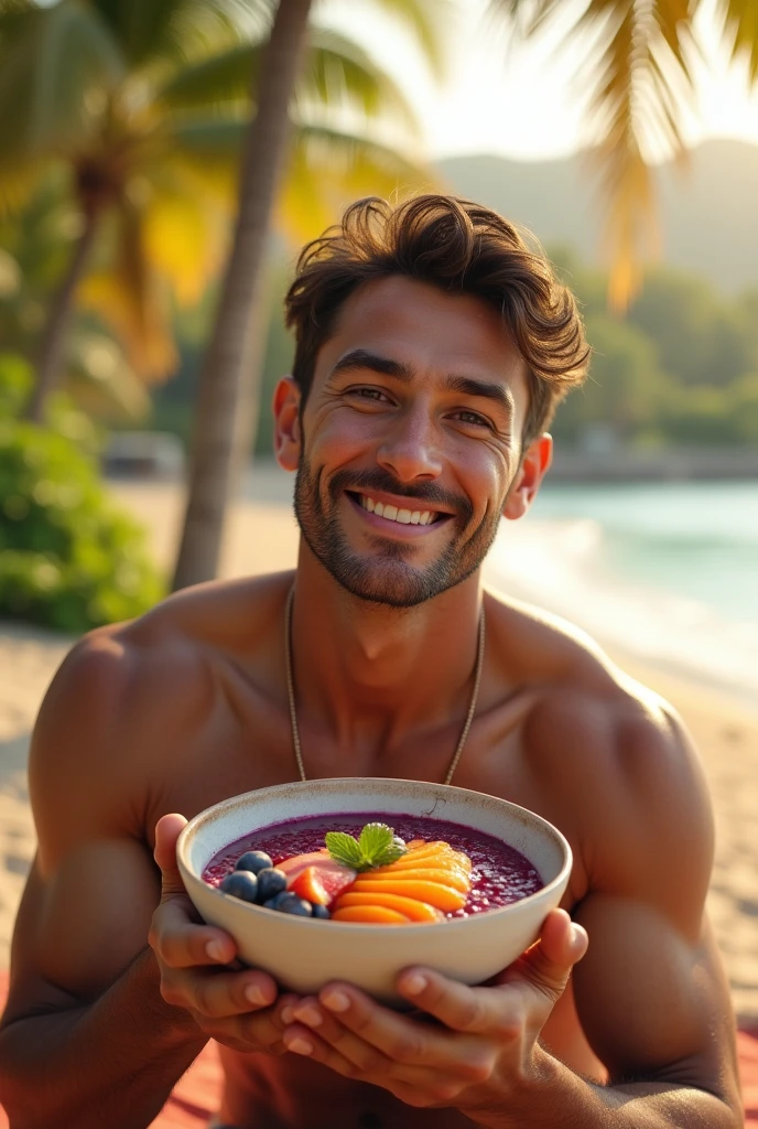 realistic man 25 to 35 years old, eating acai on the beach, salmonete, in park, ultra HD, high qualiy, best qualityer, high resolution, 8k, 16K