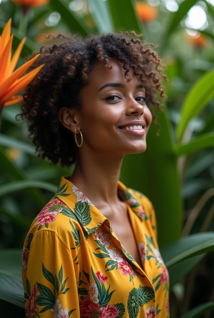 A Brazilian woman in a lush tropical garden, wearing an open shirt with a floral print, with a close-up capturing the harmonious beauty between her breasts and the natural flowers, showing off your natural charm and outgoing personality.