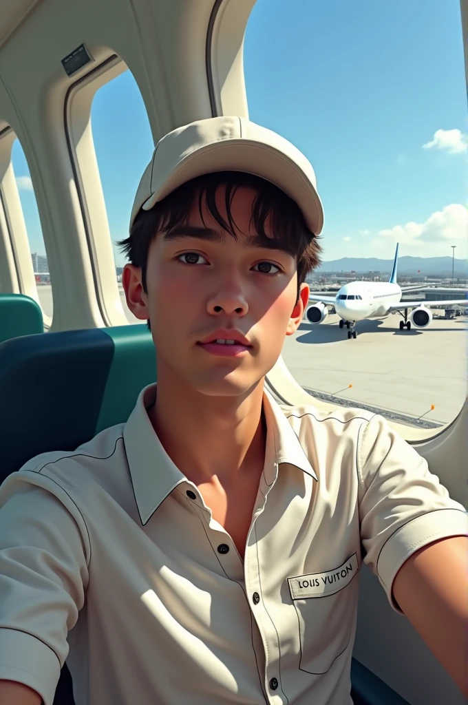 Create realistic selfie of a young man with a white cap, Louis Vuitton shirt ( the brand with melted effect). The background is a window of an airplane that is at an airport..