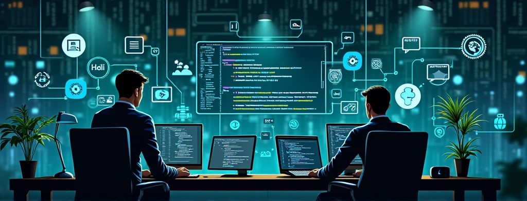 Design a LinkedIn banner image with a programming and software development theme. The image should include visual elements such as lines of code, computer screens, binary code, and software development tools. Incorporate icons representing popular coding languages like Python, JavaScript, and Java, along with development environments. The background should feature a sleek, high-tech workspace with multiple computer screens displaying code and development tools, creating a dynamic and cutting-edge feel. The style should be professional and contemporary, using a color palette of shades of blue, green, and gray. The overall atmosphere should be modern and innovative, reflecting expertise and enthusiasm for technology and coding.