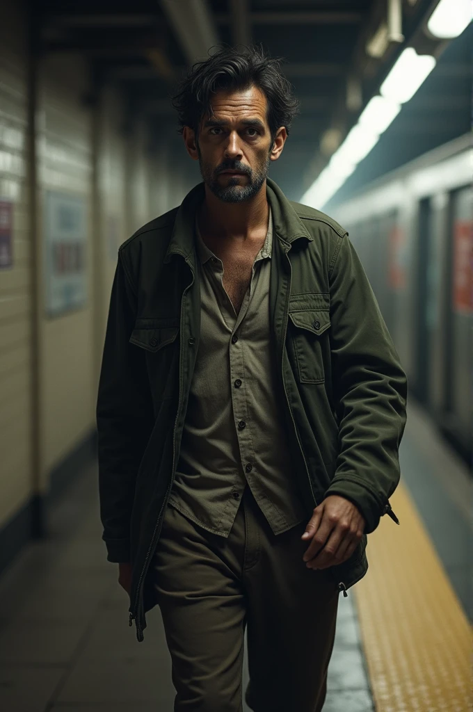 Juan is a tall, thin man., with dark and disheveled hair. His brown eyes are surrounded by dark circles, which reveals his tiredness and hopelessness. He has a few days' growth of beard and wears scruffy clothes..
On the way to the subway