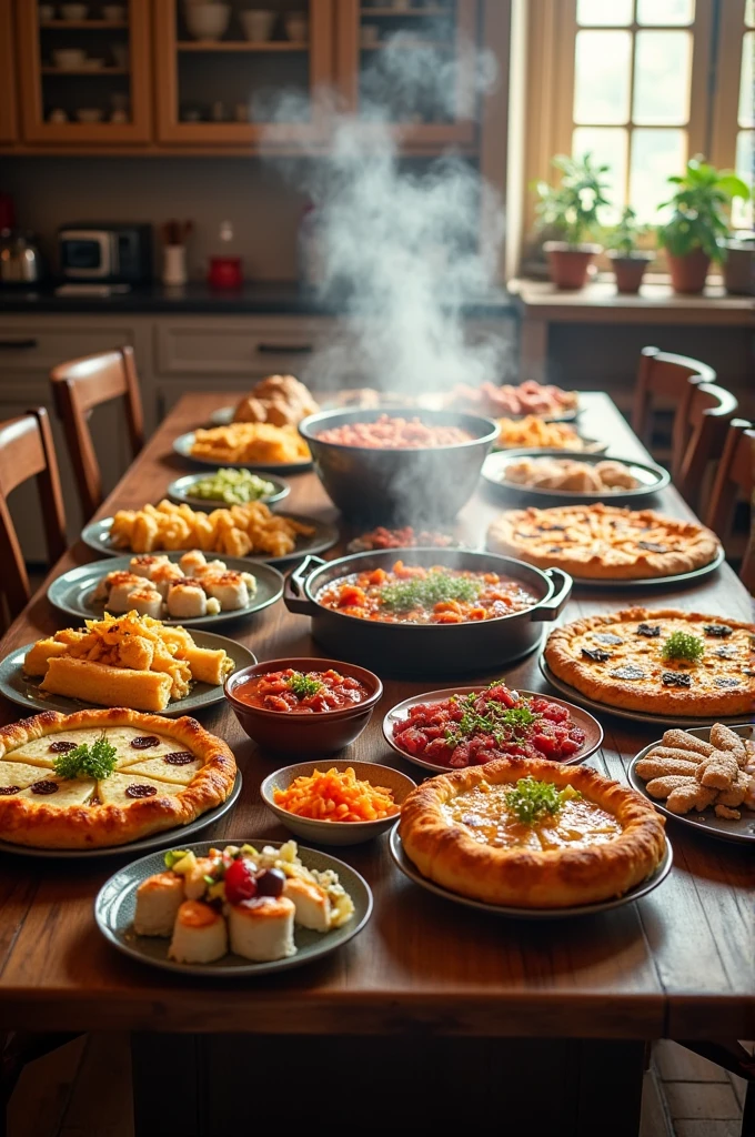 "Create an image of a large, rustic dining table set in a cozy, well-lit kitchen. On the table, display an appetizing variety of dishes: a golden-brown lasagna, a layered honey cake (medovik), a platter of assorted sushi rolls, a traditional 'Shuba' salad with beets and herring, a bowl of crab stick salad, a steaming pot of borscht, a freshly baked pizza with various toppings, juicy meat cutlets (otbivnye), a plate of potatoes served with pickled herring, a refreshing bowl of okroshka (cold soup), and a platter of grilled shashlik (kebabs). The dishes should look inviting and homely, with steam rising from the hot ones, and each dish should be clearly distinguishable."