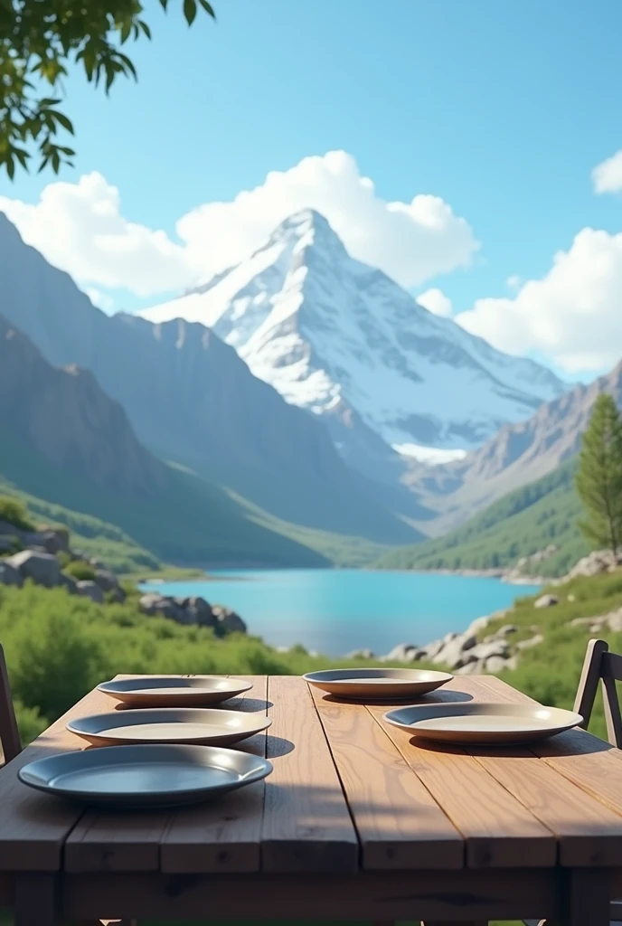 Draw the Illimani hill in the background and place a table with 4 empty plates in front of it.