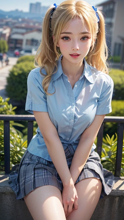 (masterpiece:1.3, Highest quality, Ultra-high resolution, Very detailed), (Realistic:1.1, photoRealistic:1.4), Beautiful illustrations, Perfect lighting, colorful, Written boundary depth, Beautiful detailsまでこだわった髪, Beautifully detailed face, Beautiful details, Beautiful clavicle, Beautiful body, Beautiful breasts, Beautiful thighs, Beautiful legs, Beautiful fingers, View your audience, 1 girl, Japanese, high school girl, Perfect Face, (Perfect Anatomy, Anatomically correct), Cute and symmetrical face, , Sunburn, Glowing Skin, (Mid-length hair:1.5, Twin tails:1.2, blonde), Asymmetrical bangs, blue eyes, Long eyelashes, (Mid-chest), thin, ((Collared short-sleeved shirt, Light blue shirt, , Grey plaid pleated skirt, To the Navy)), No pants, (Beautiful views), evening, (Outdoor, distant cityscape), Are standing, (peace sign), (Cute Smile, 鬠红、Upward glance, Open your mouth), (open'Cat:1.3), hour々squat:1.2,Put your finger in your pussy:1.2,