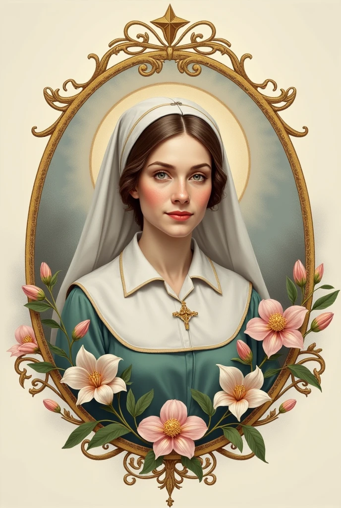 Three-pointed badge of Saint Florence Nightingale and below oval and gold edges and a picture of her in the center 1. **Nursing lamp**: Represents light 2. **flores** and petals : . We could include lilies or other plants 4. **Star or cross**: To symbolize medical care and commitment to health. 5. **colors**: Soft tones like light blue (representing calm and confidence) and the white (which symbolizes purity and attention).