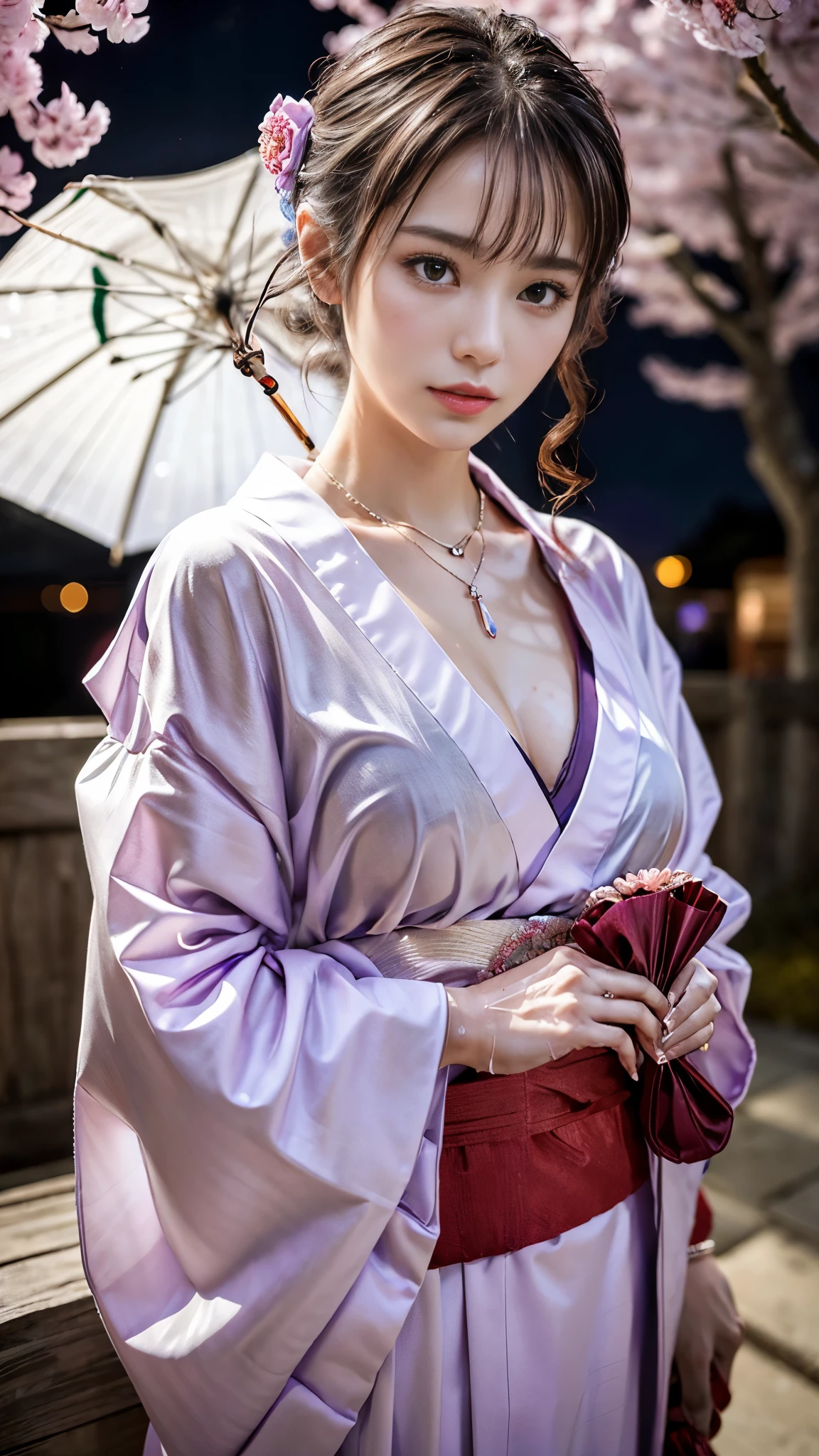 (RAW shooting, Photoreal:1.5, 8K, highest quality, masterpiece, ultra high resolution), ((after the night rain)), Highly detailed skin and facial textures:1.3, perfect dynamic composition:1.2, (In front of a shrine at night in a modern city, Cherry blossoms at night:1.0, expression of sadness:1.0, Tears are flowing:1.0, cry with a broken heart:1.0), slim office lady:1.3, cowboy shot, Fair skin:1.2, sexy beauty:1.1, perfect style:1.2, beautiful and aesthetic:1.1, very beautiful face:1.2, water droplets on the skin, (rain drips all over my body:1.2, wet body:1.2, wet hair:1.3), (Professional kimono dressing:1.1, Holding a bouquet of wet cherry blossoms:1.2, Wear a wet light purple kimono correctly:1.3), (plump breasts, Bra is sheer, Chest gap), (Eyes that feel beautiful eros:0.8, Too erotic:0.8, Bewitching:0.8), necklace, earrings, bracelet, wedding ring, Highly detailed and accurate hand and finger representations