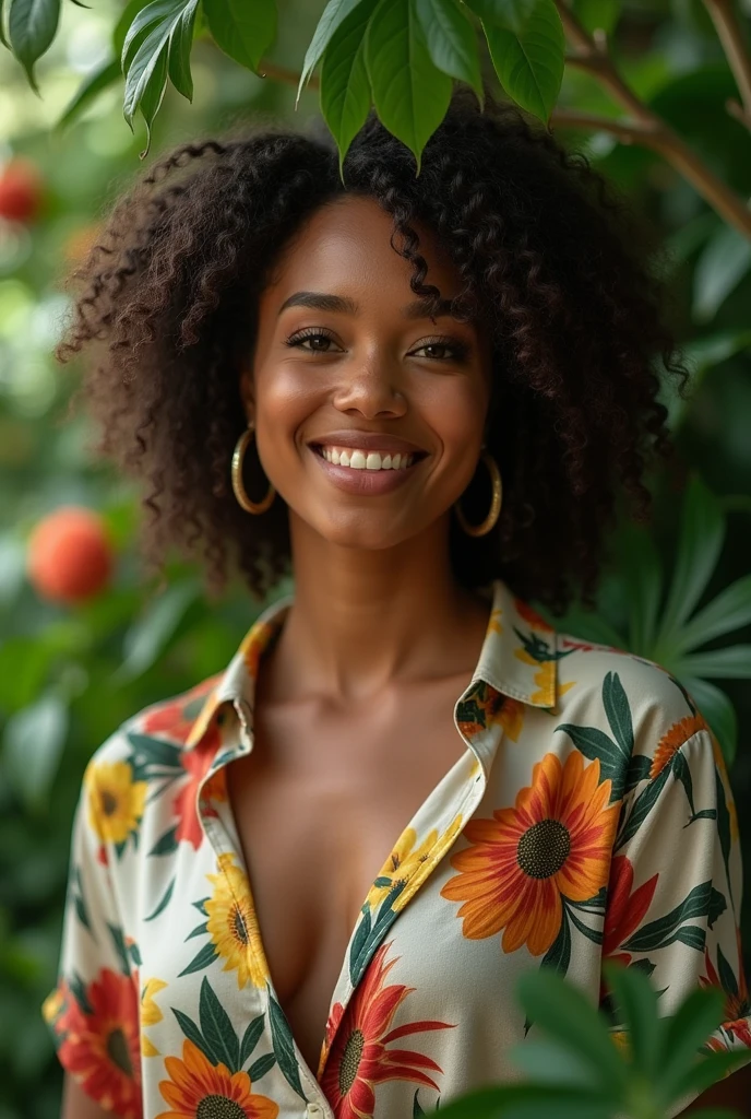 A Brazilian woman in a lush tropical garden, wearing an open shirt with a floral print, with a close-up capturing the harmonious beauty between her breasts and the natural flowers, showing off your natural charm and outgoing personality.