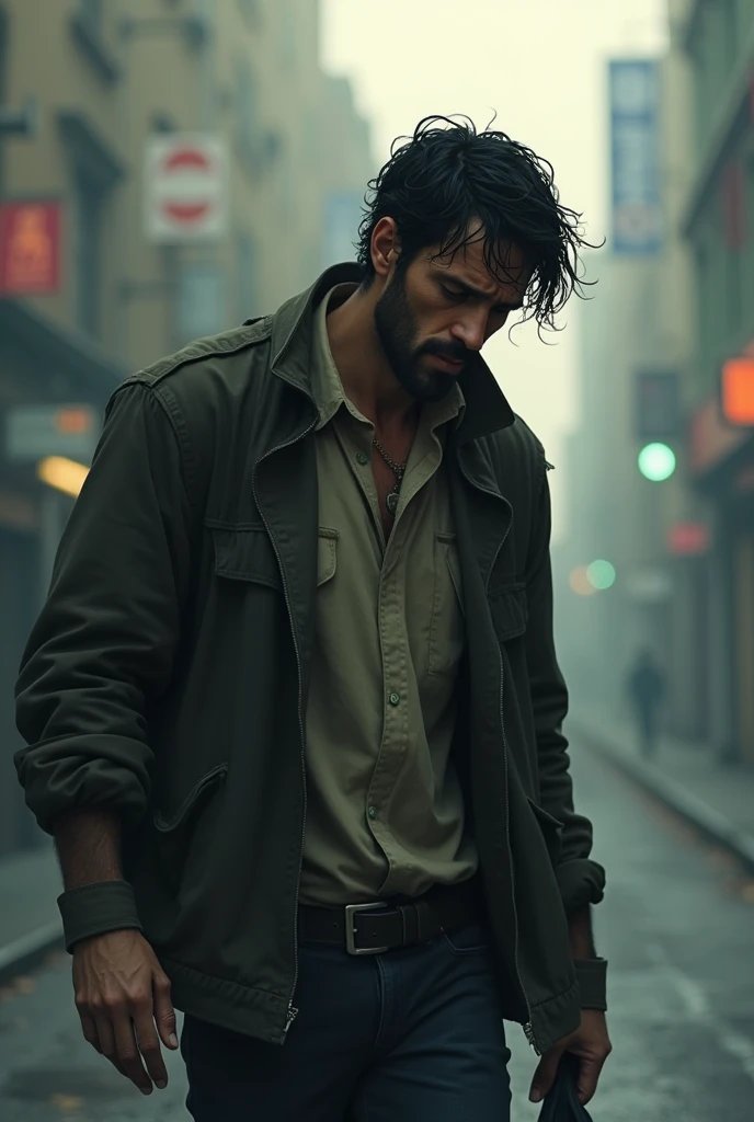 Juan is a tall, thin man., with dark and disheveled hair. His brown eyes are surrounded by dark circles, which reveals his tiredness and hopelessness. He has a few days' growth of beard and wears scruffy clothes..
On his way to the subway sad