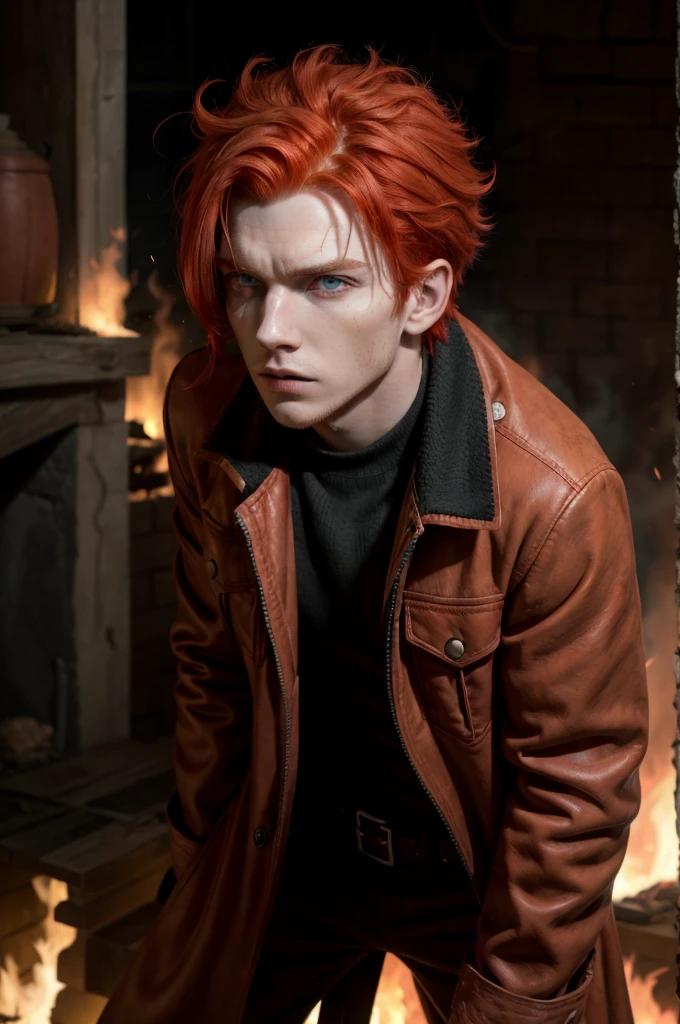 Man with red hair and eyes that burn with intense fury, wears only the hunters&#39; uniform, He is full of scars all over his body that terrify anyone, demon slayer art