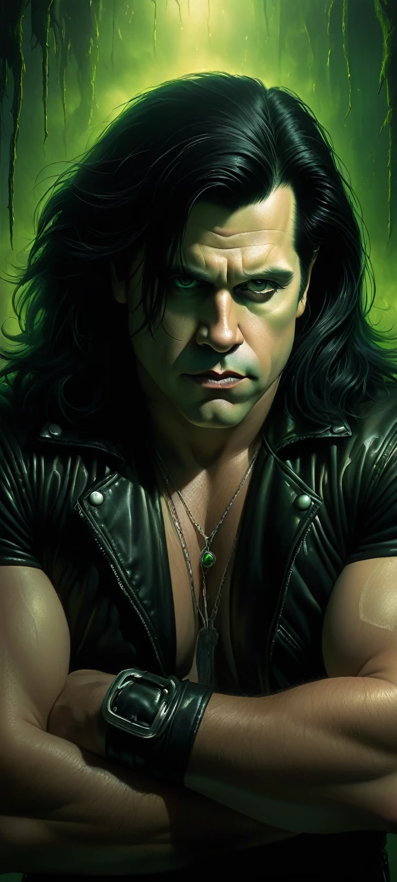 Singer Glenn Danzig is photographed for Self Assignment on July 23, 1990 in Green Bay, Wisconsin. moody atmospheric setting, rich color palette, cinematic tone, realistic pixar style trending on artstation, sharp focus, studio photo, intricate details, edgy style, high detailed, by greg rutkowski,