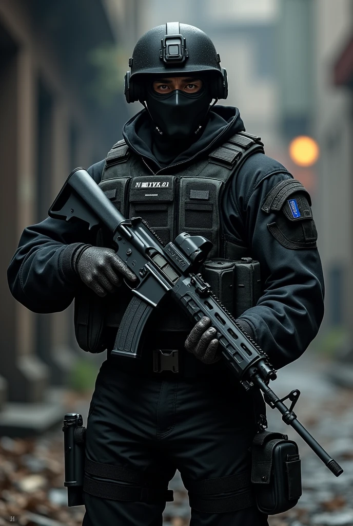 ((best quality)), ((masterpiece)), (detailed), elitarny żołnierz grozy z kevlarową maską na tważy trzymający czarny akm mający w kaburze udowej pistolet glock 19 kamizelka dużej wielkości zakrywająca cały korpus w czarnym umundurowaniu