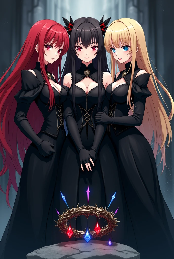 Create art that resembles anime, of three women together, who are princesses with an evil and dark appearance, one being a redhead, another brunette and one blonde. In the image, place a crown of thorns that has 3 jewels hanging from it., the crown of thorns is on a stone
