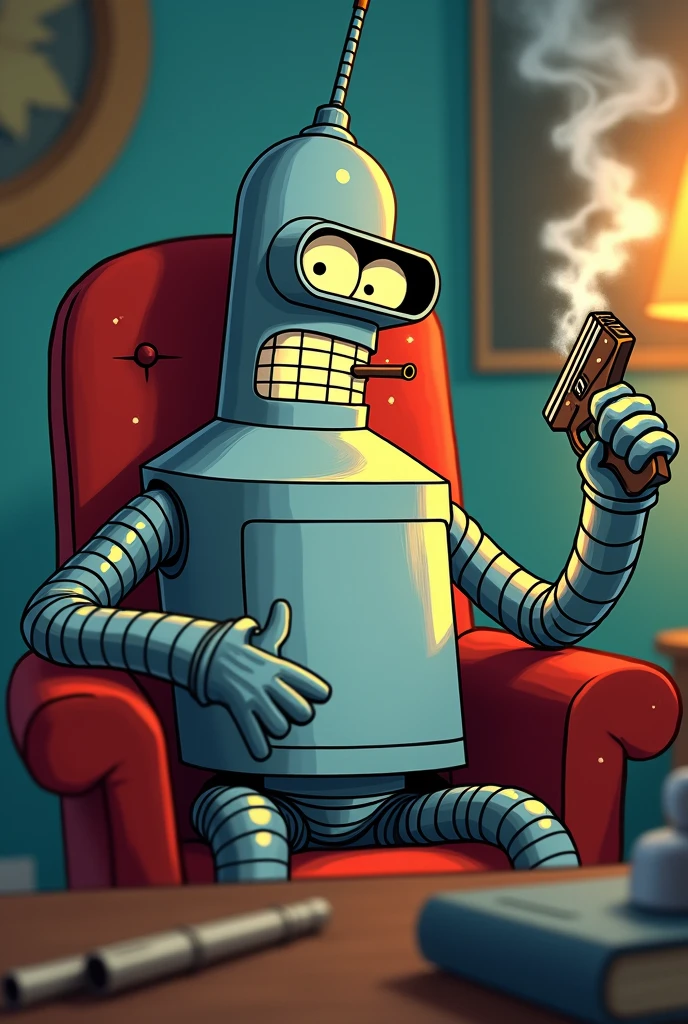 Bender from futurama cartoon smoking a cigar and holding a pistol in a chair and the word “Kaliber” at the bottom