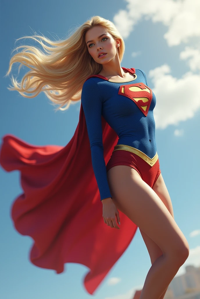 Supergirl Kara Zor El blonde flying backwards with thong panties tucked in her ass