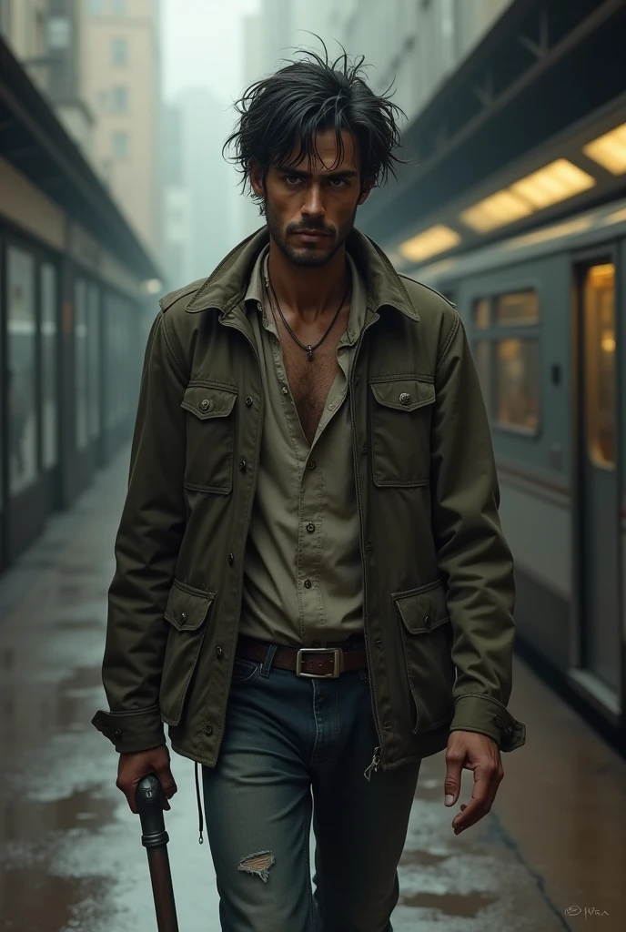 Juan is a tall, thin man., with dark and disheveled hair. His brown eyes are surrounded by dark circles, which reveals his tiredness and hopelessness. He has a few days' growth of beard and wears scruffy clothes..
On the way to the subway