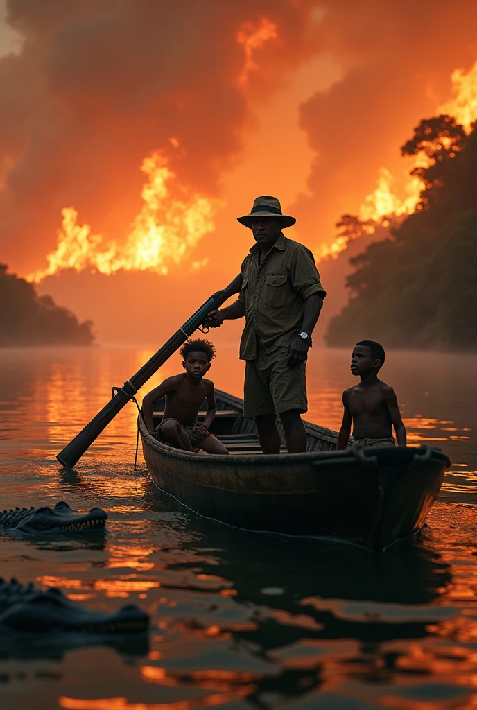An image of a river with a boat/canoe with two boys in an old man with a shotgun(they are black people) and in the background a burning Pantanal and in the rivers jacares 