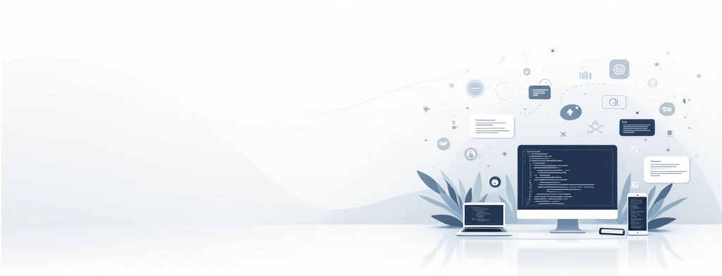Design a LinkedIn banner image with a simple and clean programming and software development theme. The image should feature minimalistic visual elements like lines of code, abstract representations of computer screens, and simple icons related to coding languages. Use subtle patterns or backgrounds associated with technology, such as code snippets or abstract geometric shapes. The background should be elegant and uncluttered, focusing on simplicity and professionalism. Utilize a modern and minimalist style with a limited color palette of neutral tones like light gray, white, and hints of blue. The overall atmosphere should be clean, professional, and approachable.