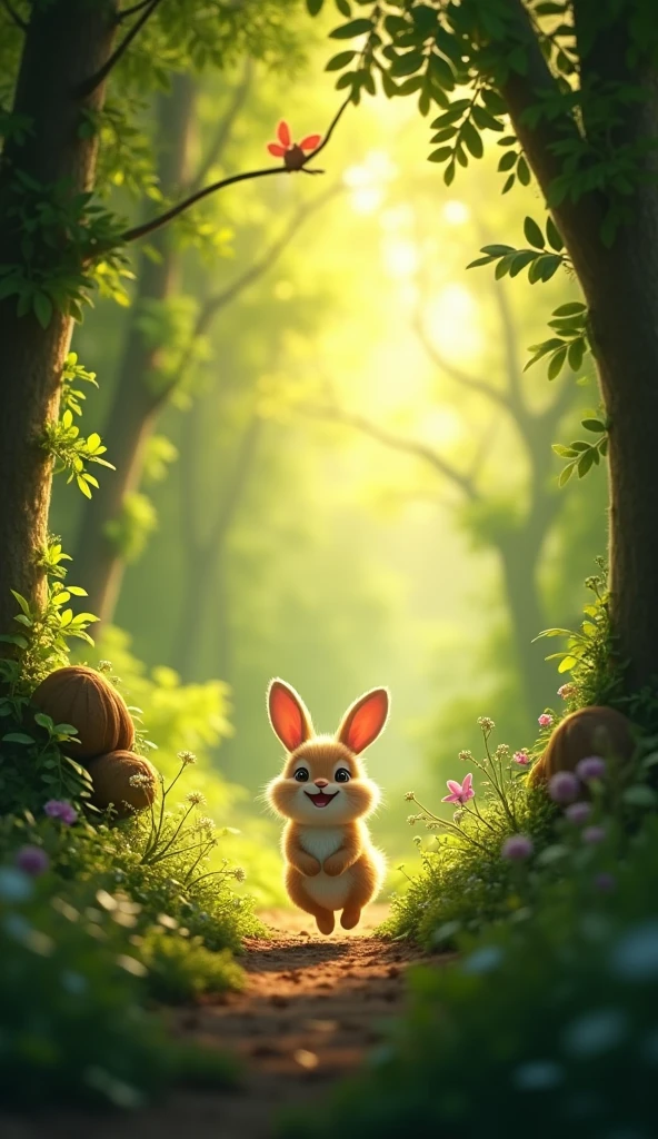A lush and dense forest where soft morning light spreads everywhere. The dew drops are glistening on the leaves of the trees and the birds are chirping happily. A small rabbit in the middle (Guddu) Coming out of his burrow, his face happy and innocent, he is jumping around in the forest.
