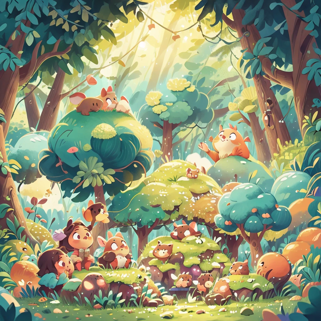 Smal tender animals singing in the forest around a camp fire, joyful atmosphere. Background: night, fluffy clouds. illustration for children, 2d digital illustration