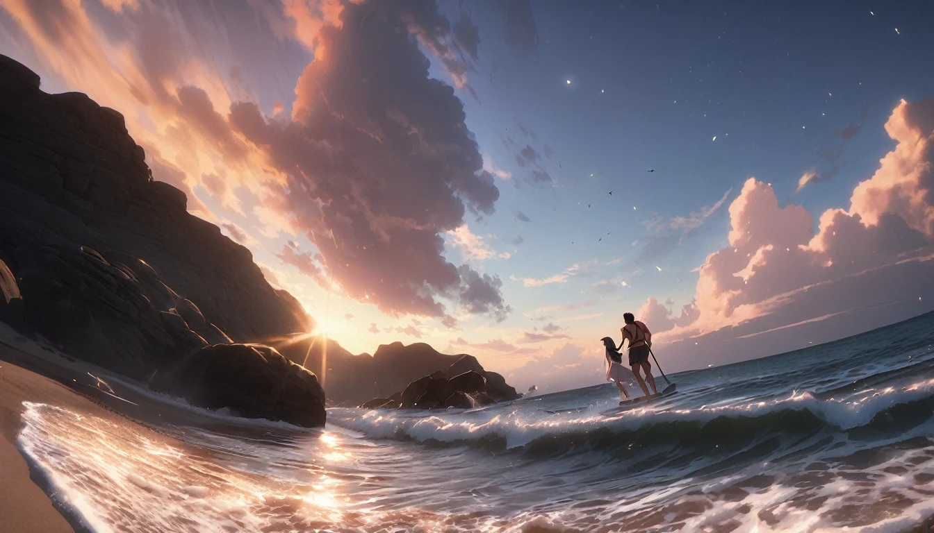 Romantic couple kissing in the wind,Boy and girl,estrellas brillantes,Efectos de resplandor,Heart-shaped bubbles,la noche,en un crucero,La cara es clara y precisa,detalle en la cara,Super-fino,Playa,16K resolution,Alta calidad,cinematography lighting,Alto detalle de imagen,Dynamic viewing angle,Old pubic detailed,Epic shooting,OC renderizado