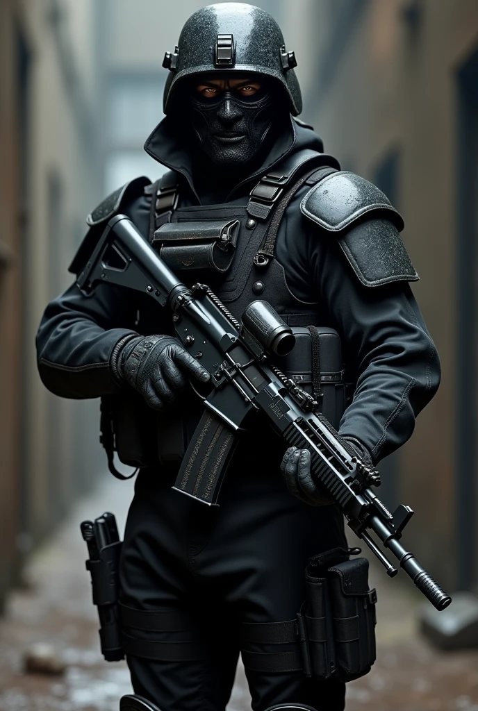 ((best quality)), ((masterpiece)), (detailed), elitarny żołnierz grozy z kevlarową maską na tważy trzymający czarny akm mający w kaburze udowej pistolet glock 19 kamizelka dużej wielkości zakrywająca cały korpus w czarnym umundurowaniu