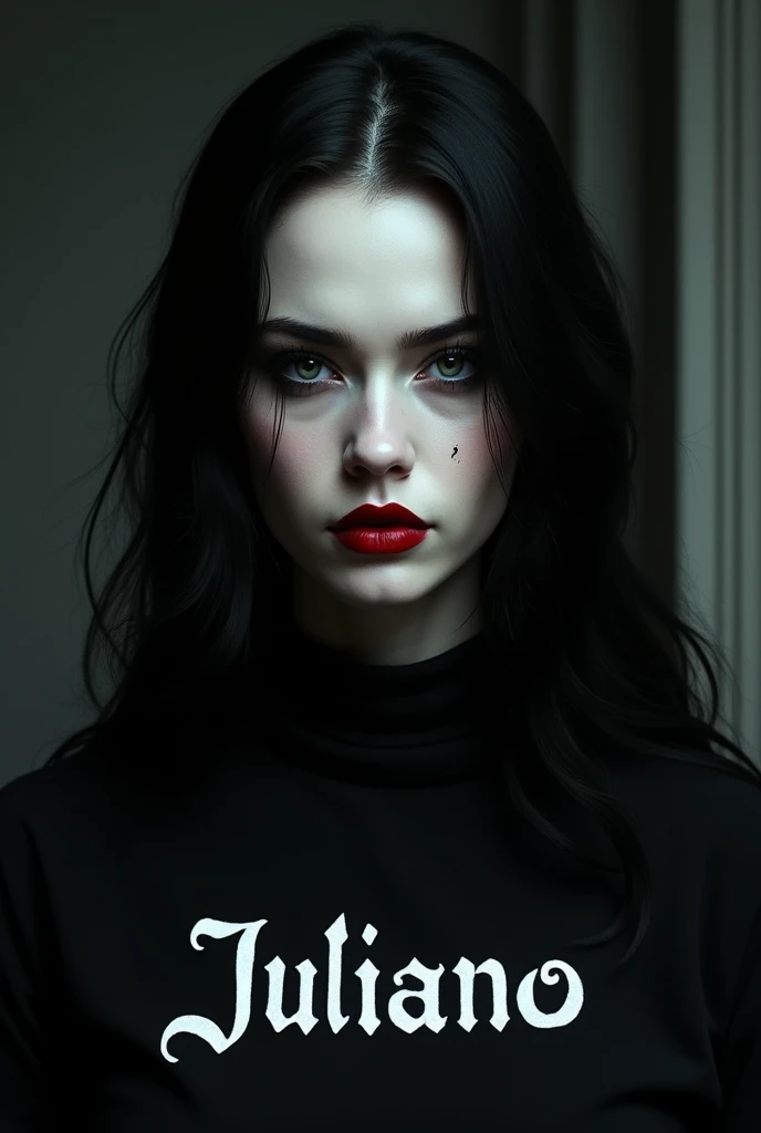 Gothic woman face, shirt with the word JULIANO written on it