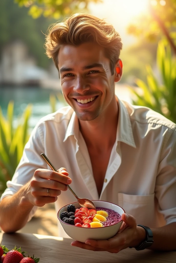 realistic man 25 to 35 years old, eating acai on the beach, in park, ultra HD, high qualiy, best qualityer, high resolution, 8k, 16K