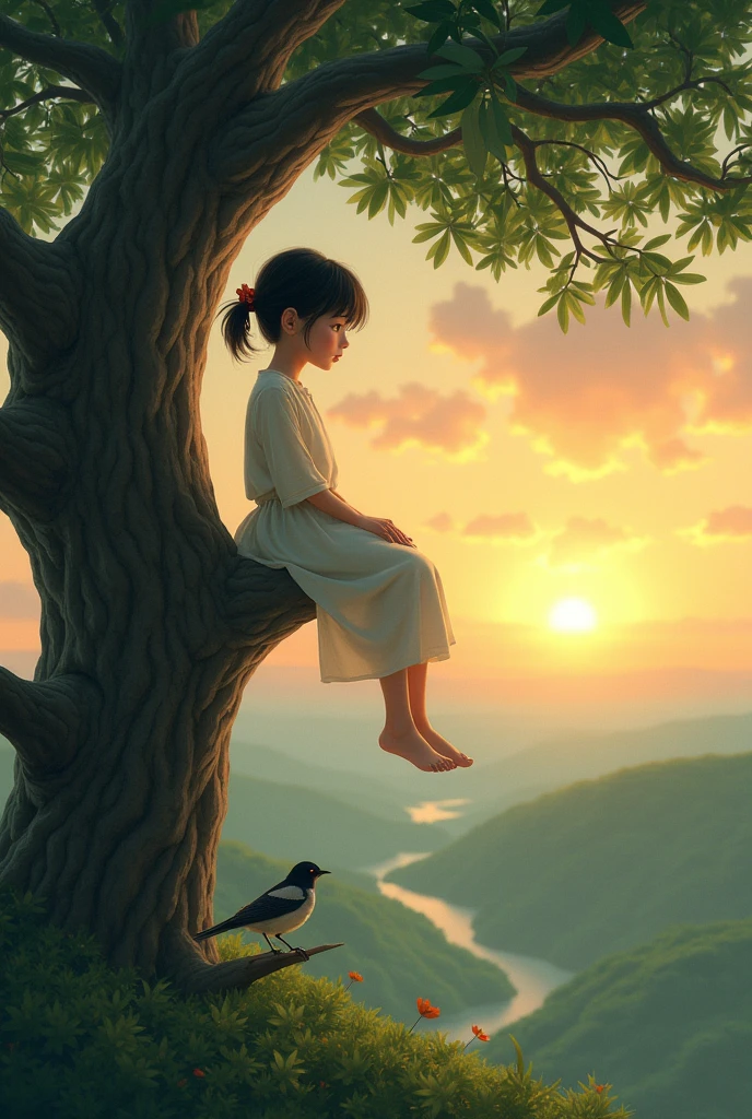 Girl on top of a tree watching the sunrise and a thrush next to her 