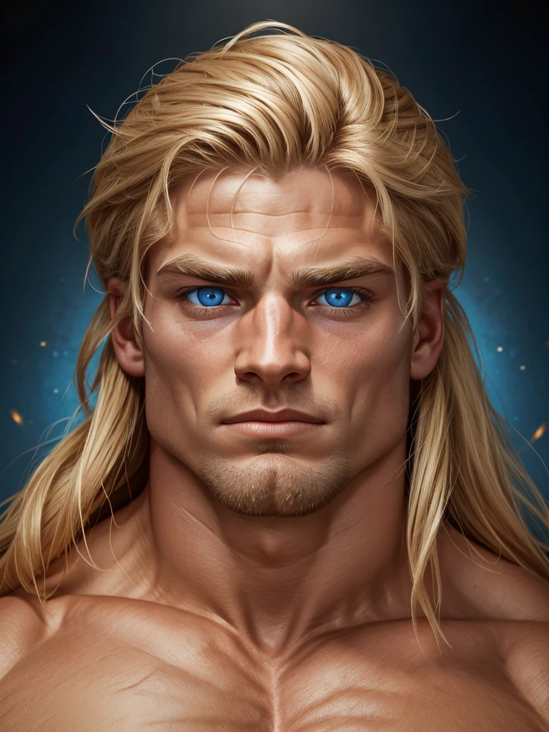 Man. Blond. Bright skin. Blue eyes. Age 30 years. Bristle. Hard facial features. Wide jaw. Thick eyebrows. Warrior.