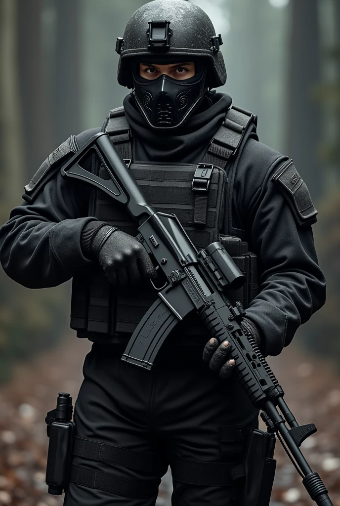 ((best quality)), ((masterpiece)), (detailed), elitarny żołnierz grozy z kevlarową maską na tważy trzymający czarny akm mający w kaburze udowej pistolet glock 19 kamizelka dużej wielkości zakrywająca cały korpus w czarnym umundurowaniu
