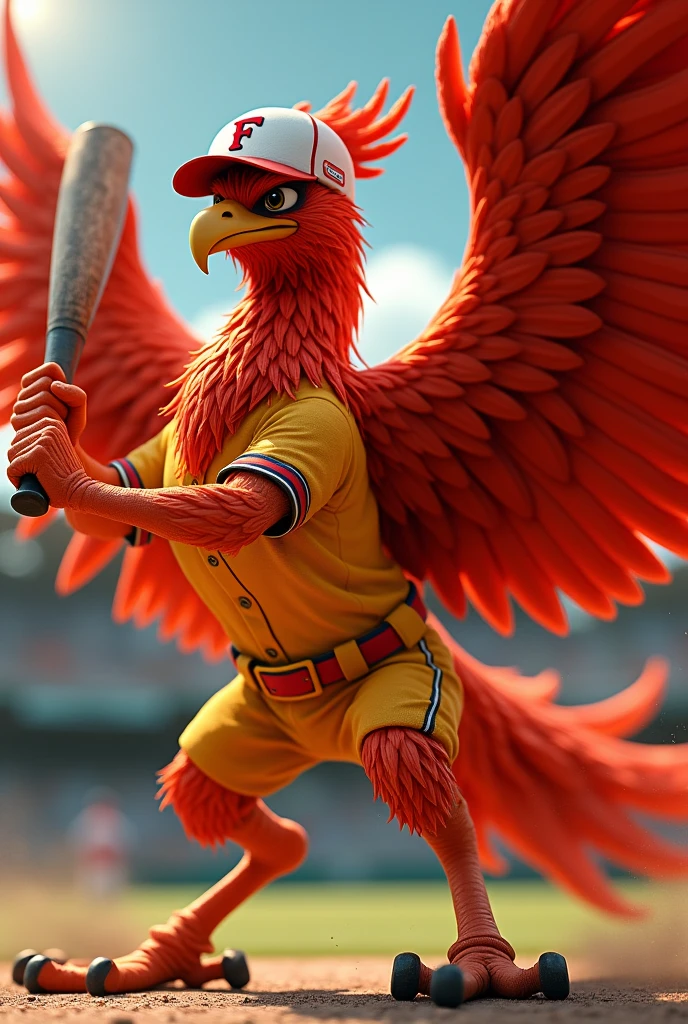 Red phoenix bird with yellow baseball uniform and white cap with red letter F, planted to hit