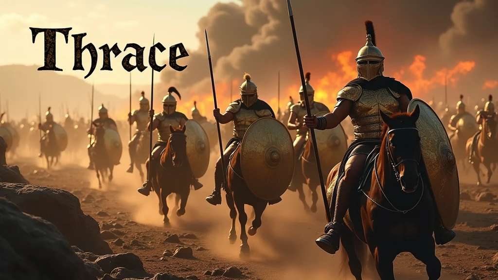 ( photographie ; ultra-réaliste ; ultra-détailé ) Armée de thrace dans la grèce antique portant des armures dorées reflétant la lumière, des tissus s, munie de leurs lances d'argents et leurs bouclier dorés, ils chargent vers les ennemies à pied ou à cheval, sur un champ de bataille apocalyptique dévasté, jonché de cadavres. En arrière plan on aperçoit la ville de Troies en feu. Il est écrit "Thrace" dans le ciel en lettre gothique