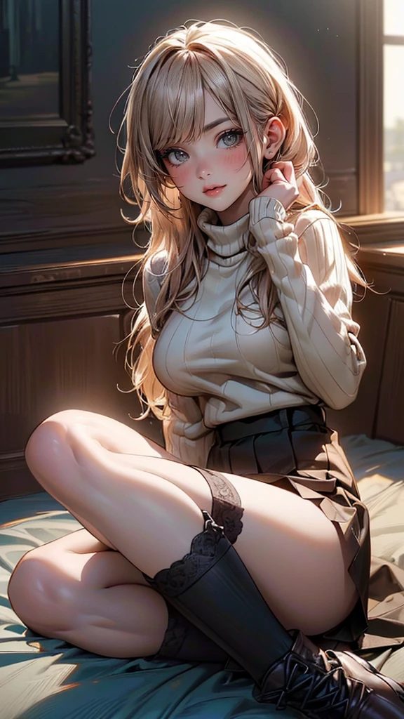 (random porn pose),(random hairstyle),(Highest image quality,(8k),ultra-realistic,best quality, high quality, high definition, high quality texture,high detail,beautiful detailed,fine detailed,extremely detailed cg,detailed texture,a realistic representation of the face,masterpiece,Sense of presence),sweater,tight mini skirt,stockings,Engineer boot