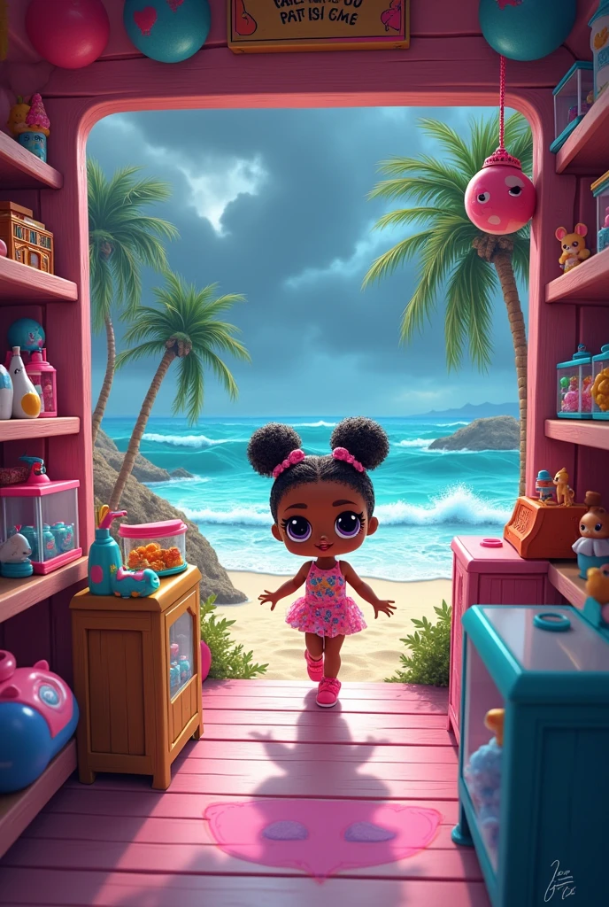 generate an image which is a lol doll with a pet shop and the background is a beach with a storm 