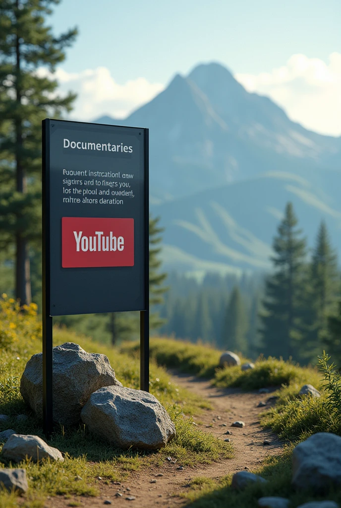 Sign with the Title that says at the top Documentaries CV, sign that says YouTube at the bottom, in a natural landscape. 