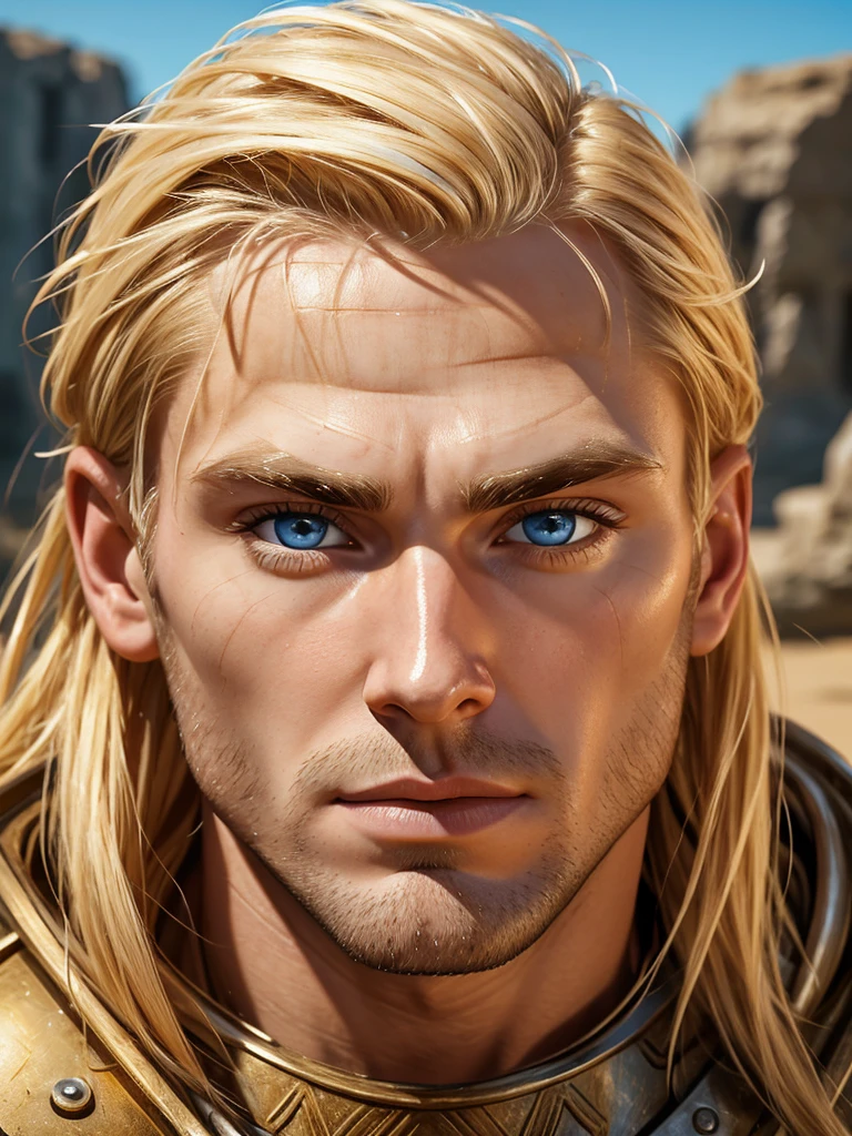 Man. Blond. Bright skin. Blue eyes. Age 30 years. Bristle. Hard facial features. Wide jaw. Thick eyebrows. Warrior.