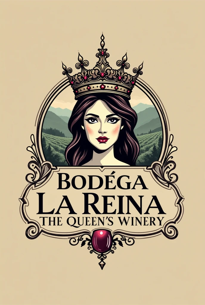 Generate a logo for a winery that says , Bodega la reina and have a crown of a female queen

