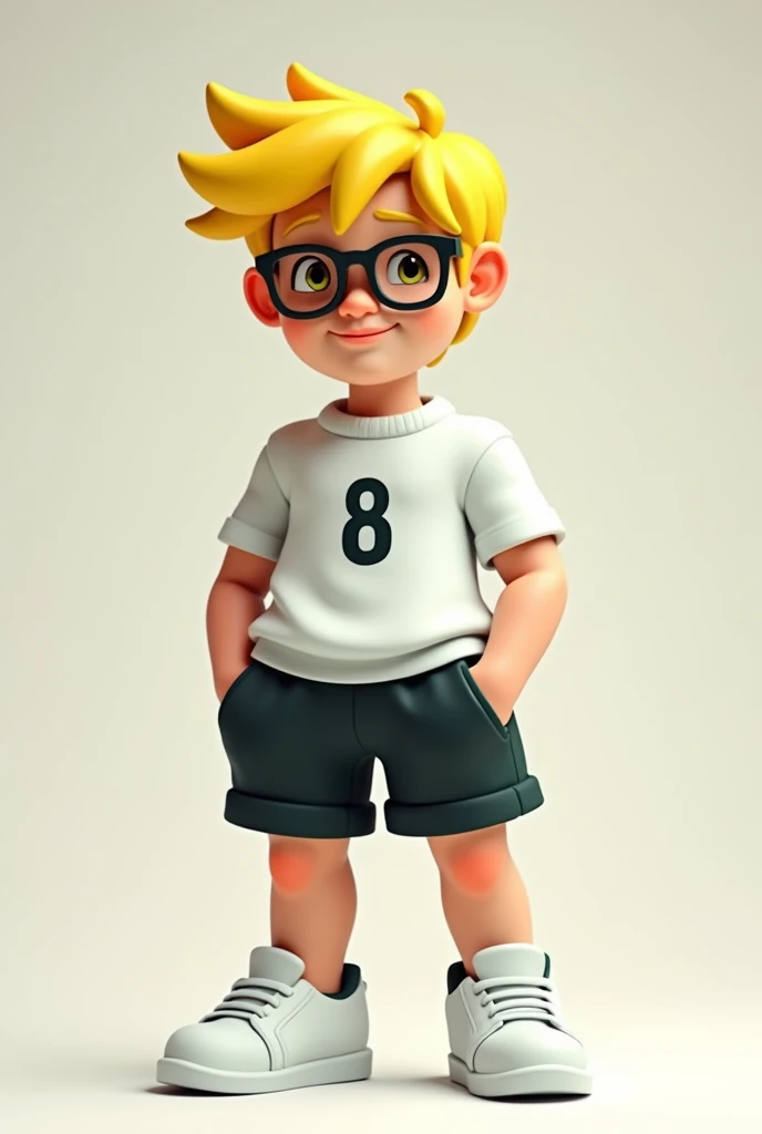 Roblox yellow hair glasses black shorts white shoes and shirt with an 8 and dark green
