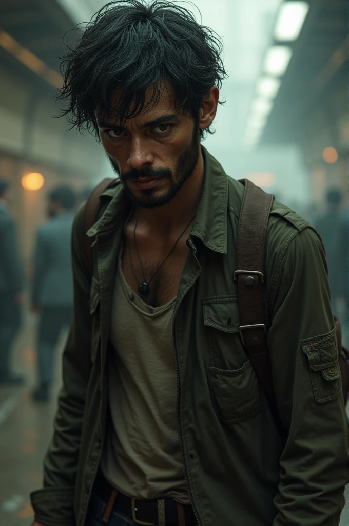 Juan is a tall, thin man., with dark and disheveled hair. His brown eyes are surrounded by dark circles, which reveals his tiredness and hopelessness. He has a few days' growth of beard and wears scruffy clothes..
On the way to the subway