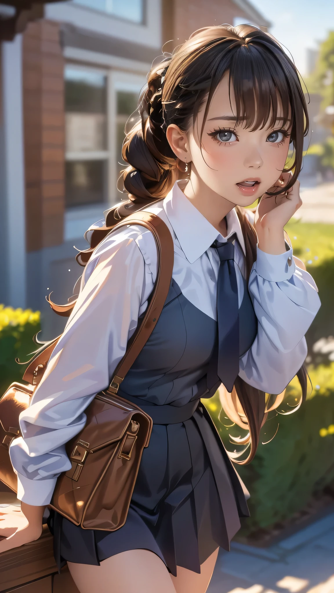 high school girl,(leaning forward:1.2),(random hairstyle),(Highest image quality,(8K), Ultra-realistic, Best Quality, High quality, High Definition, high quality texture, high detailing, Beautiful detailed, fine detailed, extremely details CG, Detailed texture, realistic representation of face, masterpiece, presence)