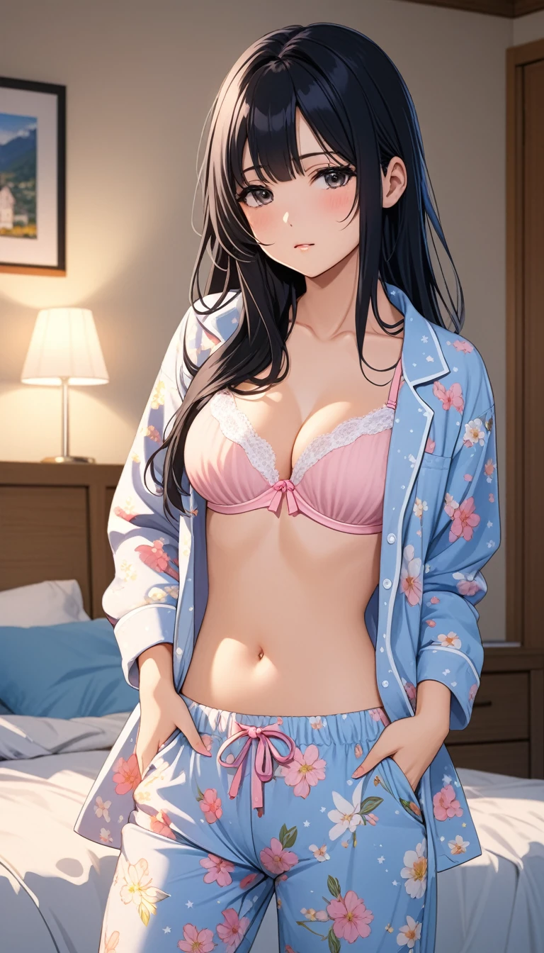A high school girl with long black hair, a cute beauty in a sleepy state, wearing only a bra on her upper body and pajama pants, in a cowboy shot in a bedroom, masterpiece, highest quality