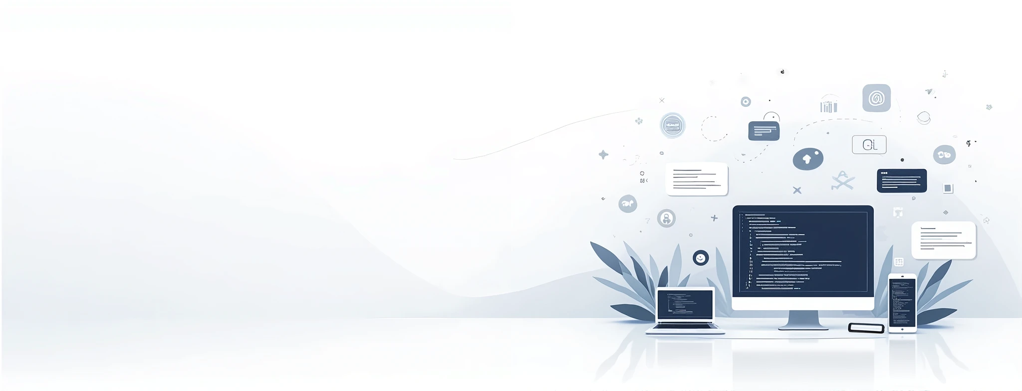 Design a LinkedIn banner image with a simple and clean programming and software development theme. The image should feature minimalistic visual elements like lines of code, abstract representations of computer screens, and simple icons related to coding languages. Use subtle patterns or backgrounds associated with technology, such as code snippets or abstract geometric shapes. The background should be elegant and uncluttered, focusing on simplicity and professionalism. Utilize a modern and minimalist style with a limited color palette of neutral tones like light gray, white, and hints of blue. The overall atmosphere should be clean, professional, and approachable.