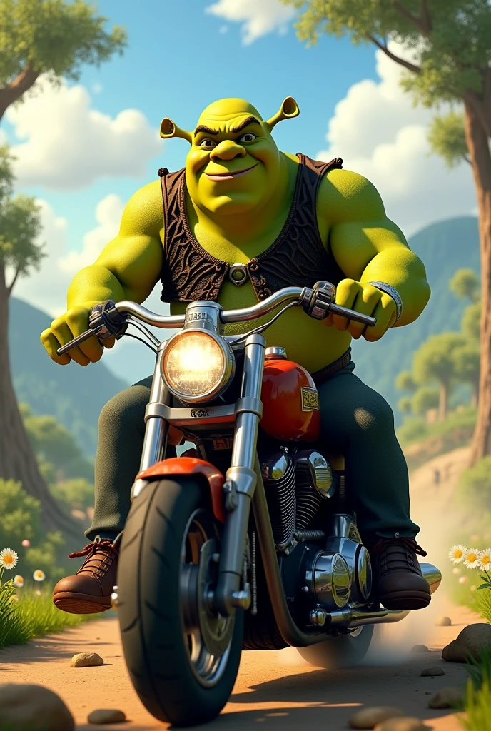 I would like an image of Shrek with a motorcycle and a badge that says "Asdrubal"